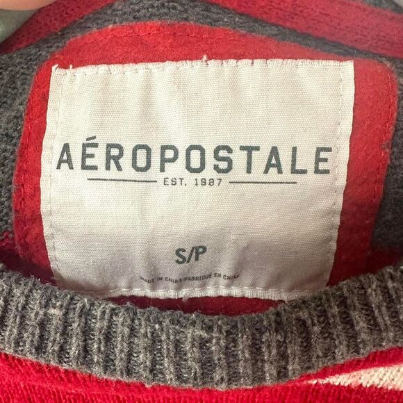 AEROPOSTALE 2000s Red Gray White Striped Wool Long Sleeve Sweater Mens S Indie - Picture 6 of 7